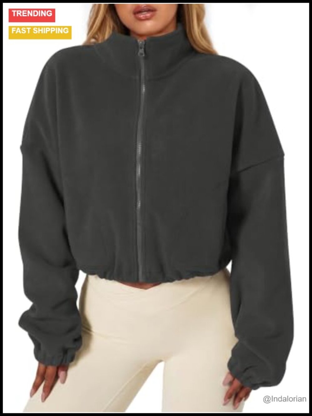 Women's Cropped Fleece Jacket Full Zip Stand Collar Sherpa